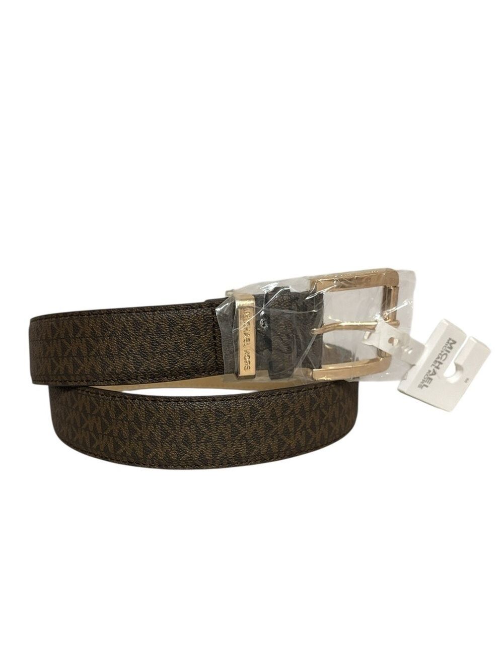 Michael Kors Women’s Signature Logo Belt Gold Buckle Brown Size M New